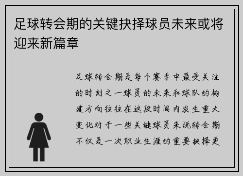 足球转会期的关键抉择球员未来或将迎来新篇章