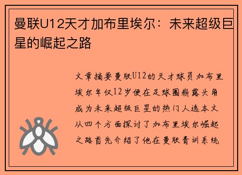 曼联U12天才加布里埃尔：未来超级巨星的崛起之路