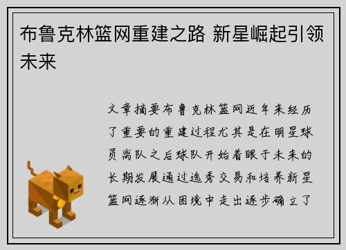 布鲁克林篮网重建之路 新星崛起引领未来
